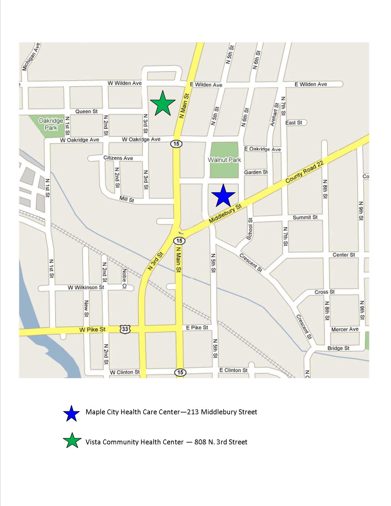Locations of Maple City Health Care Center and Vista Community Health Center in Goshen Indiana
